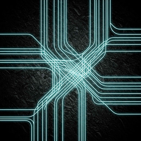 A futuristic neon-lit circuit board design on a dark textured background with glowing blue lines
