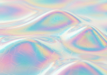 A vibrant and serene abstract background with iridescent colors and smooth, wavy patternsの写真素材