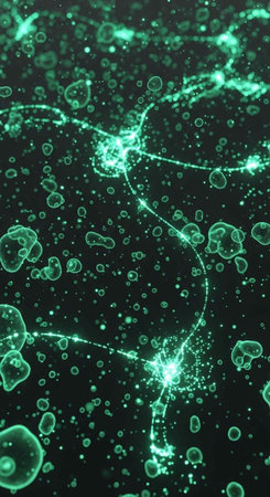 A microscopic view of glowing green cells and neurons on a dark background
