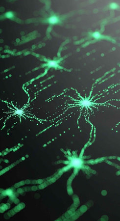 A microscopic view of glowing green neurons on a dark background