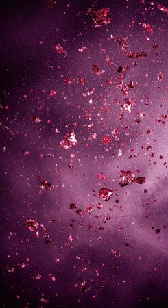 A vibrant purple background with scattered pink and red fragments and specks of light