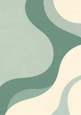 A modern abstract art piece featuring wavy lines in soothing green and beige colors