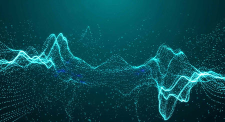 A futuristic digital waveform illustration with glowing blue lines and particles on a dark...