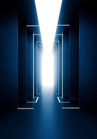 A futuristic corridor with a bright light at the end, surrounded by dark blue walls and white lines