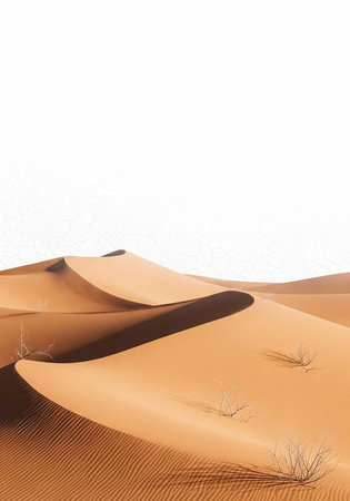 A serene desert landscape with rolling sand dunes under a bright white sky