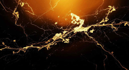 A vibrant and dramatic golden lightning bolt illuminates a dark background with a bright orange glowの写真素材