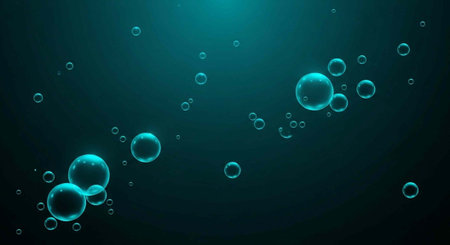 A mesmerizing underwater scene with glowing blue bubbles rising in the dark ocean water