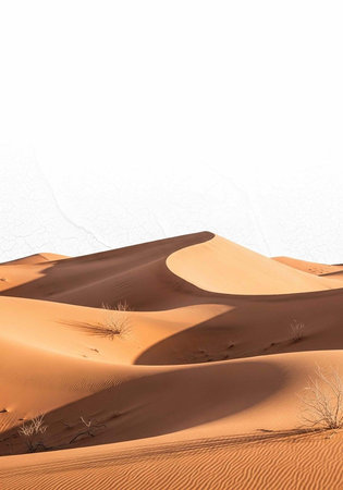 A serene desert landscape with rolling sand dunes under a bright white sky