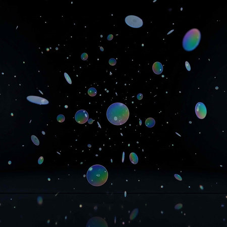 A mesmerizing display of iridescent bubbles floating in mid-air against a dark background