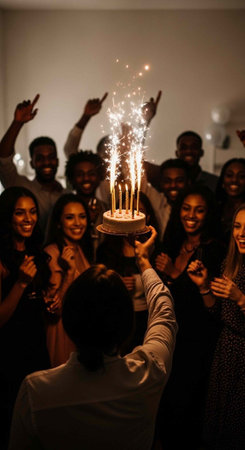Diverse group of people celebrating a birthday with a sparkling cake and joyful expressions indoors
