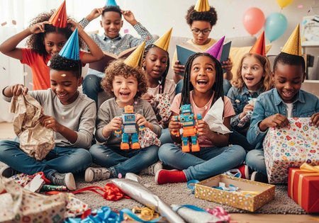 Happy kids in party hats holding toys and gifts, surrounded by colorful presents and confetti