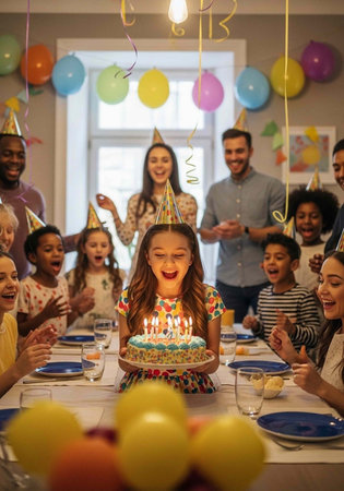 Woman blowing out candles on birthday cake surrounded by loved ones in party hats