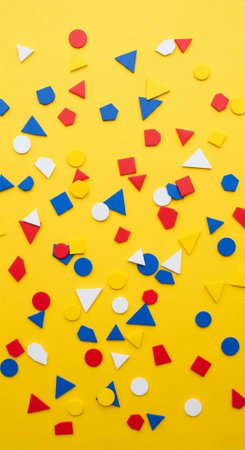 Various red, blue, white, and yellow shapes on vibrant yellow surface, geometric pattern