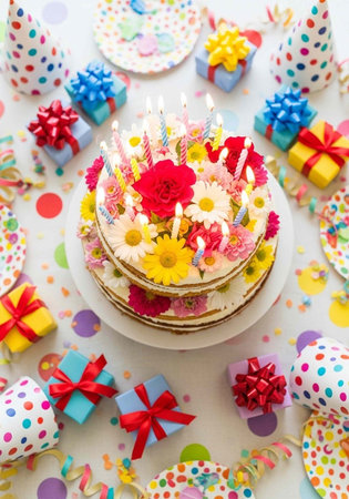 Vibrant birthday scene with cake, flowers, candles, gifts, and colorful party decorations on a white table
