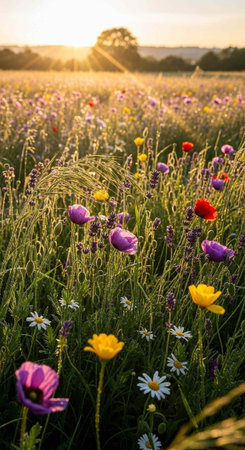 A serene field of colorful wildflowers, including poppies and daisies, under a warm sunset sky