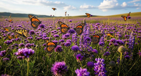 A flock of monarch butterflies flying over a field of purple flowers under a blue sky