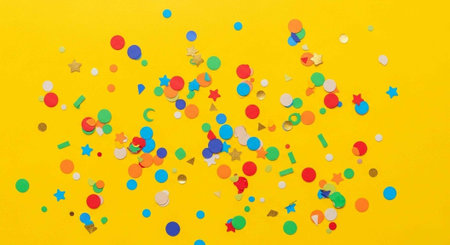 Vibrant confetti pieces in various shapes and colors scattered on yellow background