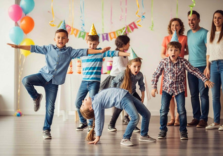 Group of people dancing and having fun at a birthday celebration with festive decorations