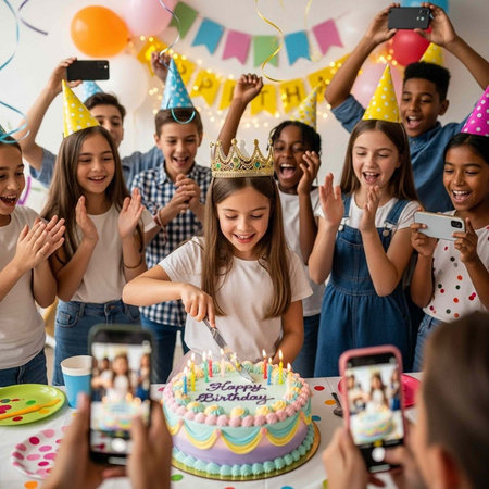 Group of kids celebrating birthday with cake, balloons, and colorful decorations, smiling and having fun together.