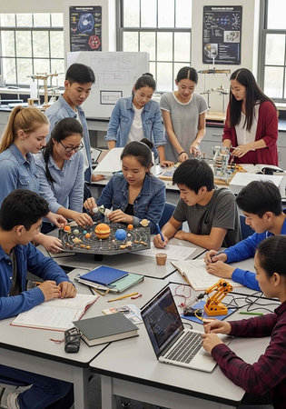 Group of students working together on project in classroom with laptop and educational models