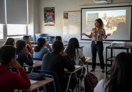 teacher is seen during a presentation in the city of Salvador.