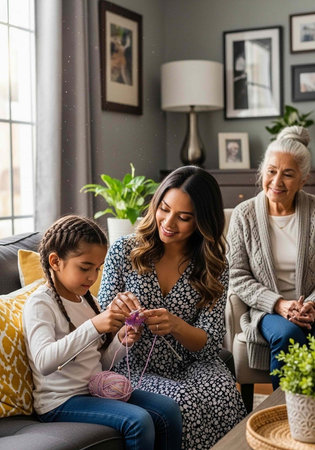 Heartwarming scene of a woman and young girl knitting together on a sofa with an elderly lady