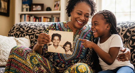 Woman and girl sitting on patterned couch, looking at old family picture together