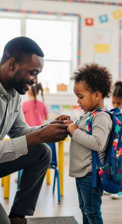 african american teacher helping little schoolboy in classroom at school