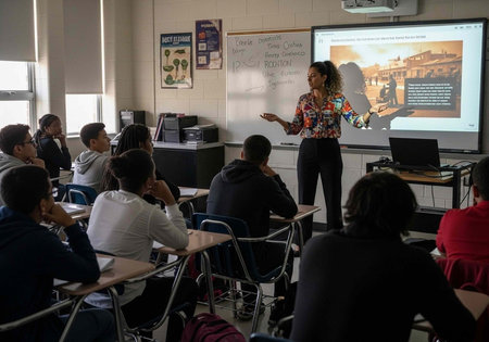 High school students sitting at desks in classroom while teacher stands and presents lesson