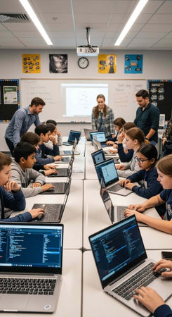 Children and adults using laptops, sitting at tables, in a classroom with a whiteboard and posters