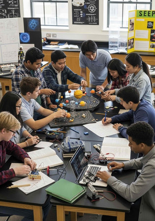 Group of students and teacher building solar system model with laptops and educational materials