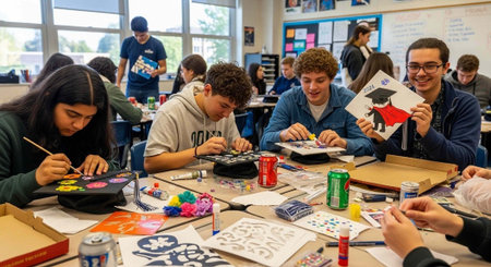 Teenagers sitting at tables, painting and creating art with various supplies in a classroom