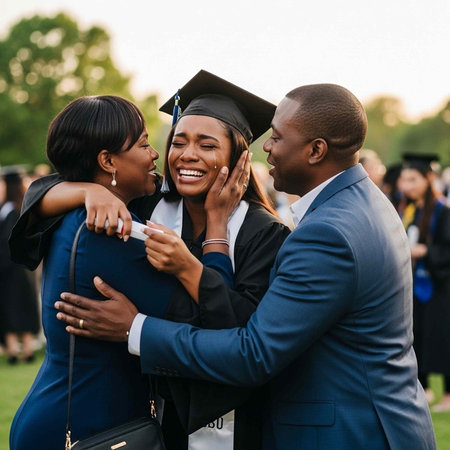 A young woman in graduation cap and gown hugged by her beaming parents on a joyful outdoor ceremony day