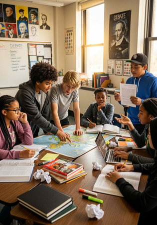 Diverse group of students gathered around table with map, laptops, and books in a classroom