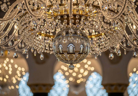 A luxurious crystal chandelier hangs from a high ceiling in a grand, elegant room with arches and soft lighting.