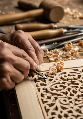 A person skillfully carves an intricate design into a piece of wood with a chisel in a workshop