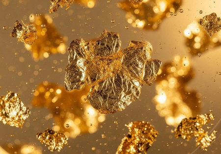 A close-up view of gold nuggets and particles suspended in a warm, golden liquid