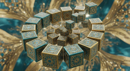 A stunning visual representation of ornate cubes arranged in a circular pattern with gold and blue hues