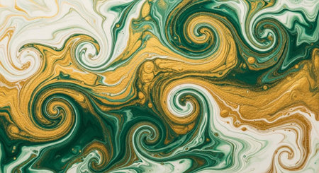 A vibrant abstract artwork featuring swirling patterns of green, gold, and white hues in a mesmerizing dance.