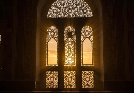 A stunning view of a sunset through intricately designed windows in a historic building