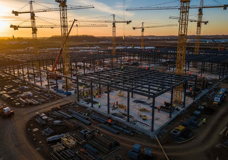 An aerial view of a large construction site with cranes and buildings under development at sunset