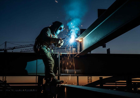 A welder works on a construction site at dusk, welding steel beams with sparks flying everywhere.