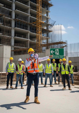 A construction team wearing safety gear stands in front of a building under construction on a sunny day.