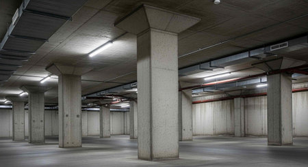 Large, dimly lit parking garage with numerous concrete pillars and overhead fluorescent lights