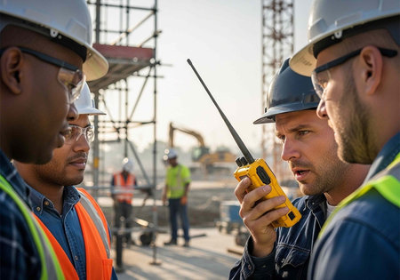 Four construction workers wearing hard hats and safety gear on a building site with scaffolding