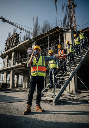 Workers in hard hats, vests, and boots on stairs at construction site, one holding megaphone
