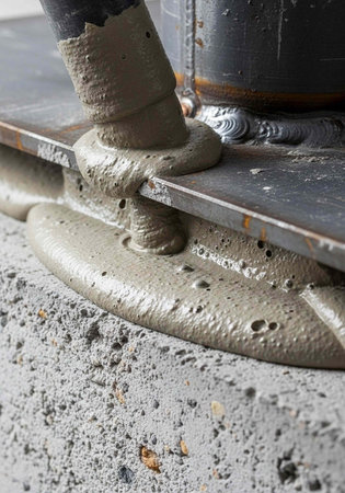 Concrete flows from a pipe onto a metal surface, with visible texture and construction site elements.