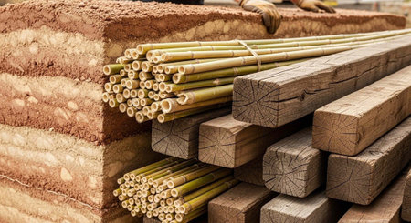 Bundles of bamboo and stacks of wooden planks and earth bricks, showcasing sustainable building materials.