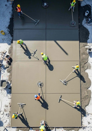 Aerial view of workers in hard hats and vests using tools on wet concrete sections