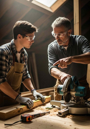 Two men, one older and one younger, wearing safety gear, work with wood and power tools